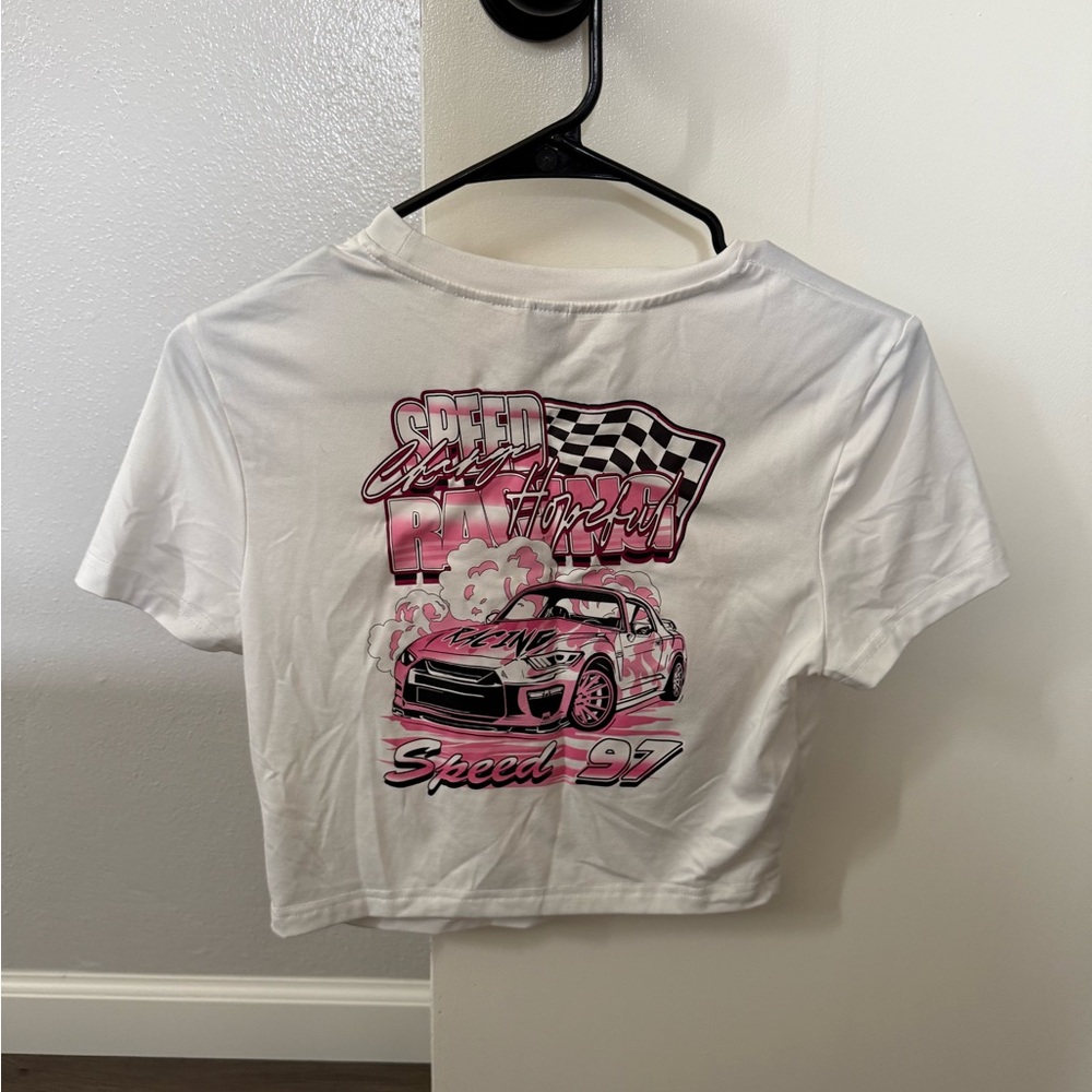 Graphic Tee with Car Print - White and Pink
